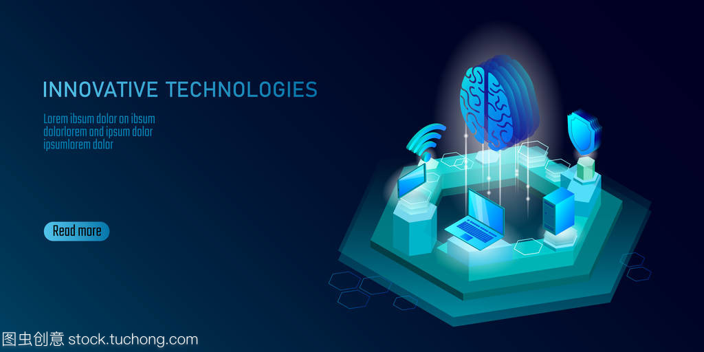 等距人工智能業務概念。藍色發光等距個人信息數據連接 pc 智能手機人腦未來技術。3d 圖表矢量圖